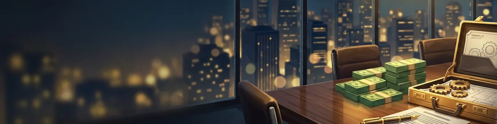 A boardroom table set with stacks of cash and an open briefcase