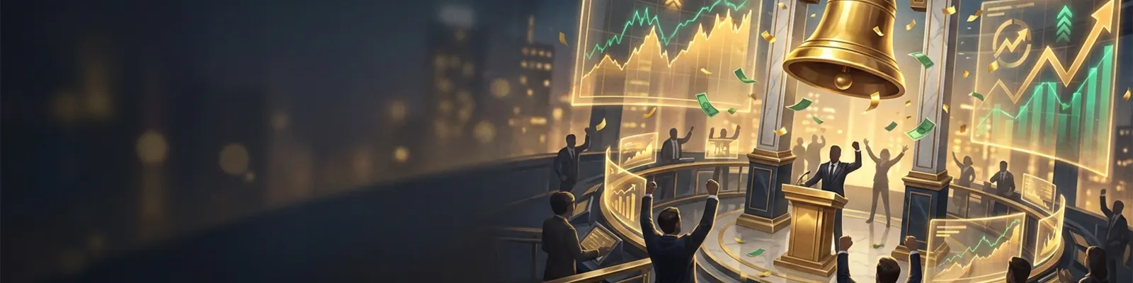 A stock exchange bell ringing under a shower of confetti
