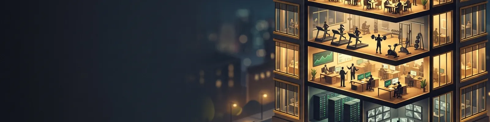 Cutaway illustration of an office tower at night, with every floor lit and staff at work
