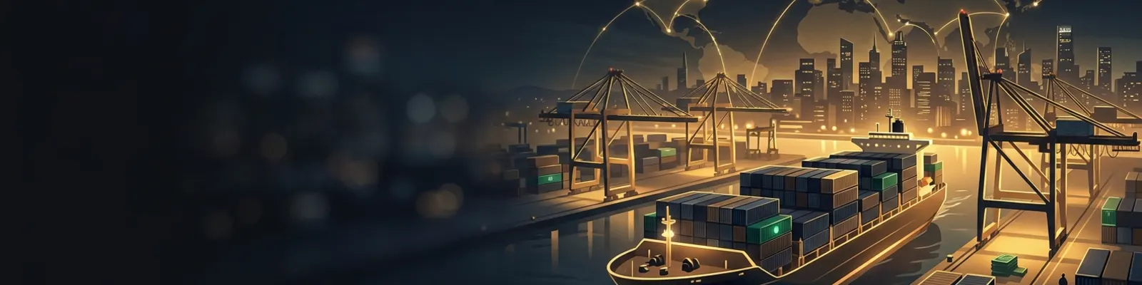 A loaded cargo ship sailing out of a busy harbor at dusk